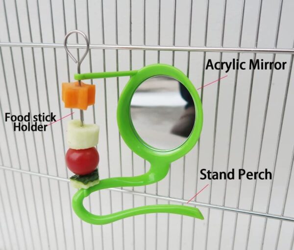 3 in 1 Bird Toys(Treat Skewer/Mirror/Perch) Bird Food Holder, Bird Feeders, Stainless Steel Parrot Fruit Vegetable Stick Holder with Mirror Perch Toys Suit Small to Regular Size - Image 2