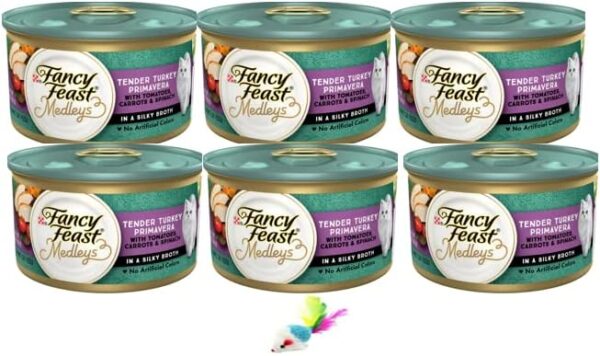 Fancy Feast Medleys Tender Turkey Primavera with Garden Veggies & Greens in a Classic Sauce, 6 Cans (3 oz ea) with a Mouse Toy - Image 2