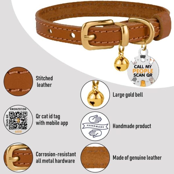 BRONZEDOG Leather Cat Collar with Bell Non Breakaway Kitten QR Tag for Girl Boy (7" - 9" for Cats, Light Brown & Gold) - Image 3